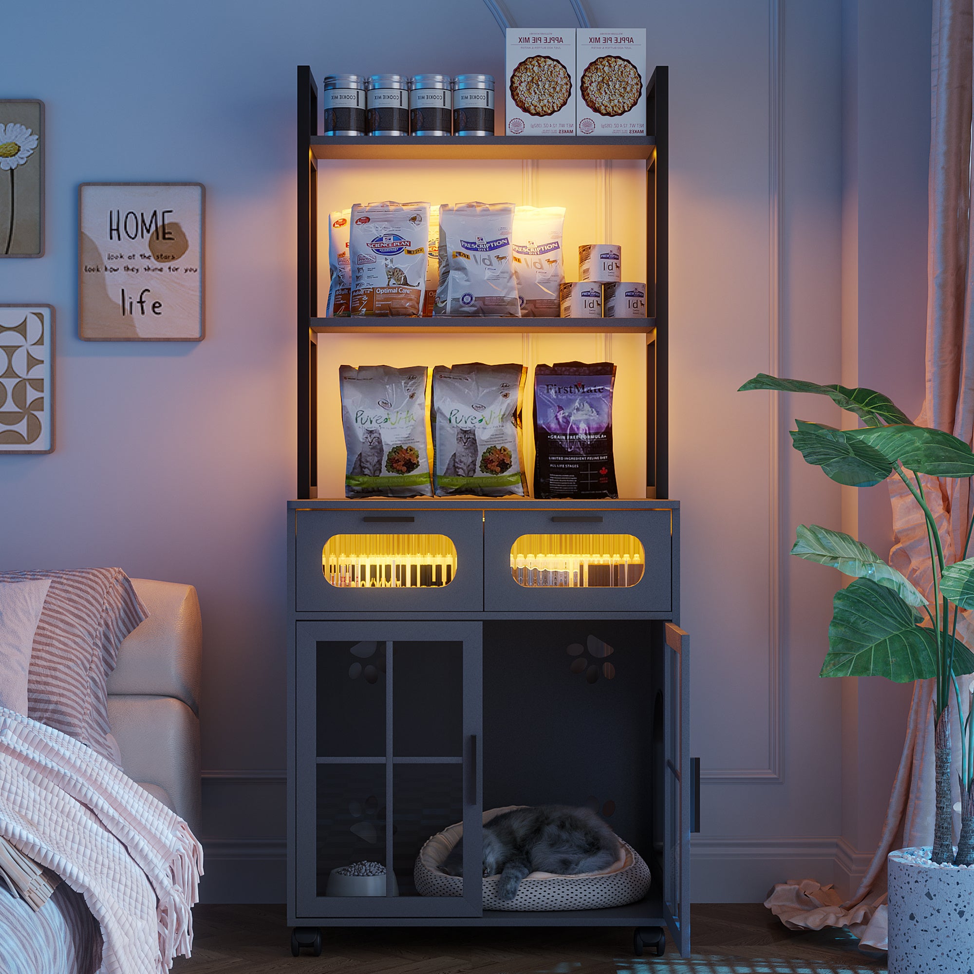 Meuble Litière Chat LED - Rangement Design Moderne