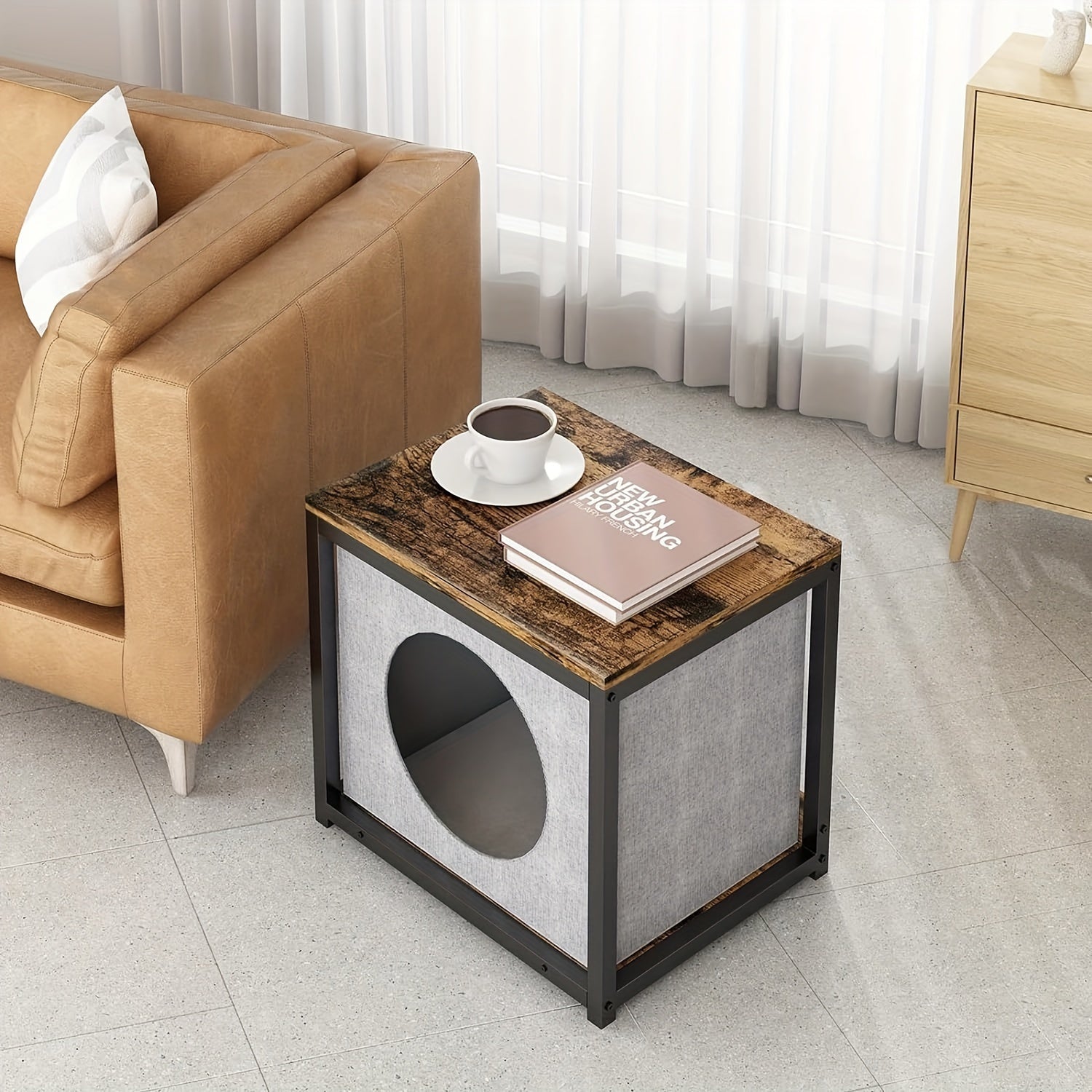 Meuble Litière Chat Design - Table d'Appoint 2 en 1