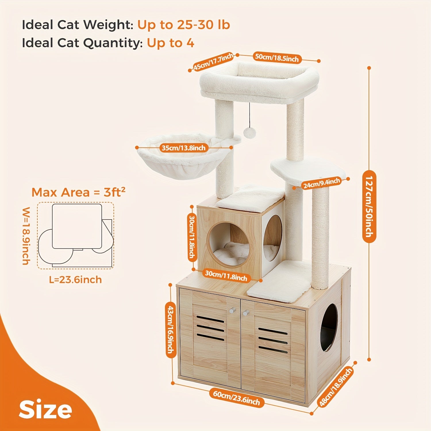 Arbre à Chat 127cm Bois - Litière Niche Hamac