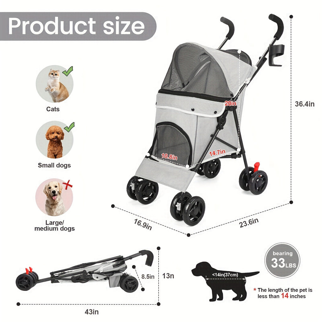 Poussette Chat Chien Pliable - Roues Pivotantes 360°
